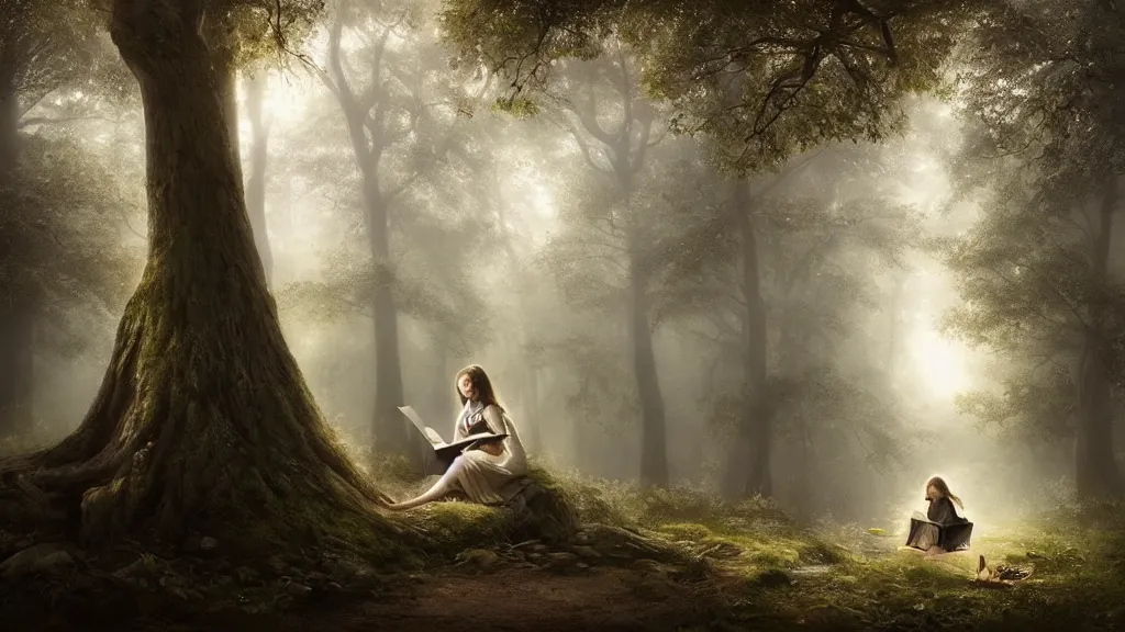 Image similar to girl reads a book in a tree, far away, in the magical forest. andreas achenbach, artgerm, mikko lagerstedt, zack snyder, tokujin yoshioka
