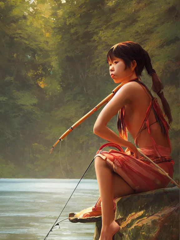 Image similar to an ultradetailed beautiful portrait painting of an female tribe native fishing in a redwood forest lake, side view, oil painting, high resolution, by ilya kuvshinov, greg rutkowski and makoto shinkai