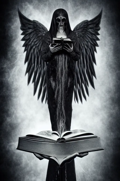 Prompt: dlsr photo illustration of envoked dark angel holding a book of necronomicon, symmetrical, cinematic, sharp focus, 4 k, ultra hd, sense of awe, sinister demonic atmosphere, dreadful, forbidden knowledge, old gods. demonology journal cover