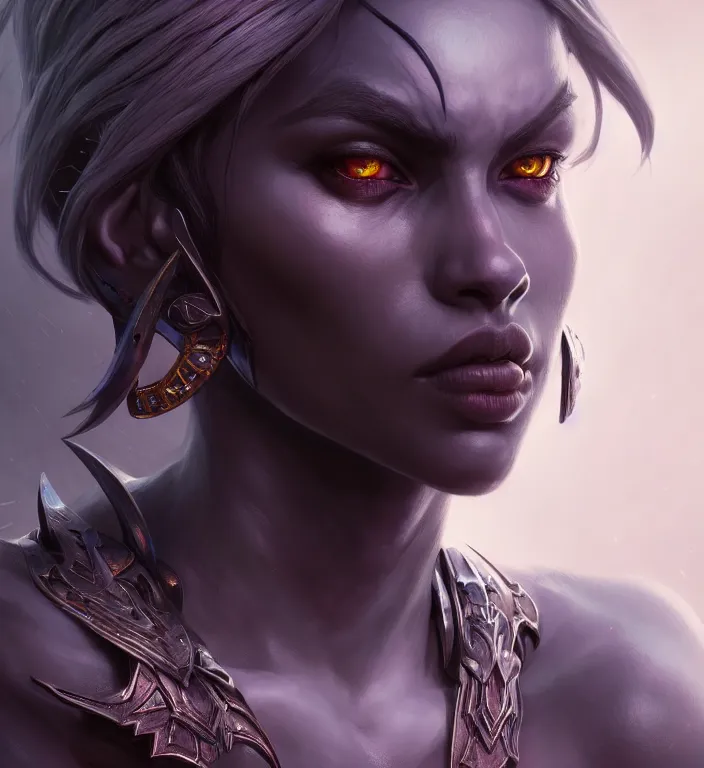 Image similar to a portrait of a dark elf, hyper detailed, digital art, trending in artstation, cinematic lighting, studio quality, smooth render, artgerm, joshua middleton, rafael albuquerque, unreal engine 5 rendered, octane rendered, art style by klimt and nixeu and ian sprigger and wlop and krenz cushart