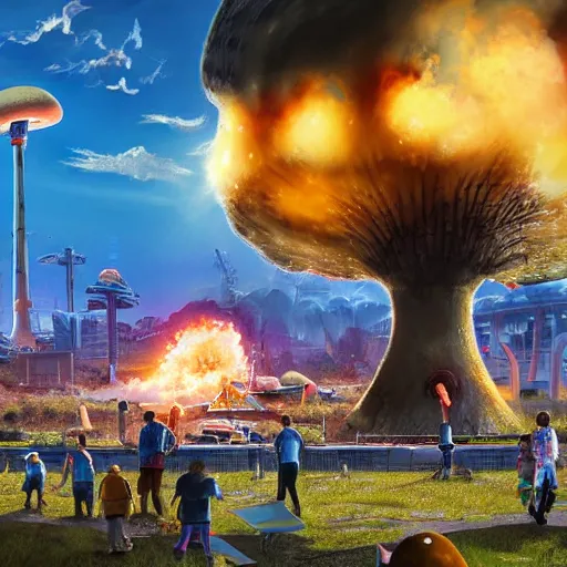 Image similar to terminators playing on a playground with a giant nuclear mushroom cloud in the back ground of a bright blue sky high level of detail 8 k resolution hyperdetailed photorealism