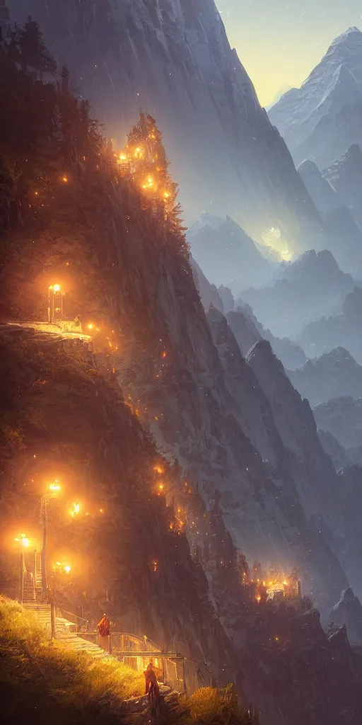 Image similar to highly detailed mountain in night, gta v, stephen bliss, unreal engine, fantasy art by greg rutkowski, loish, rhads, ferdinand knab, makoto shinkai and lois van baarle, ilya kuvshinov, rossdraws, tom bagshaw, global illumination, radiant light, detailed and intricate environment