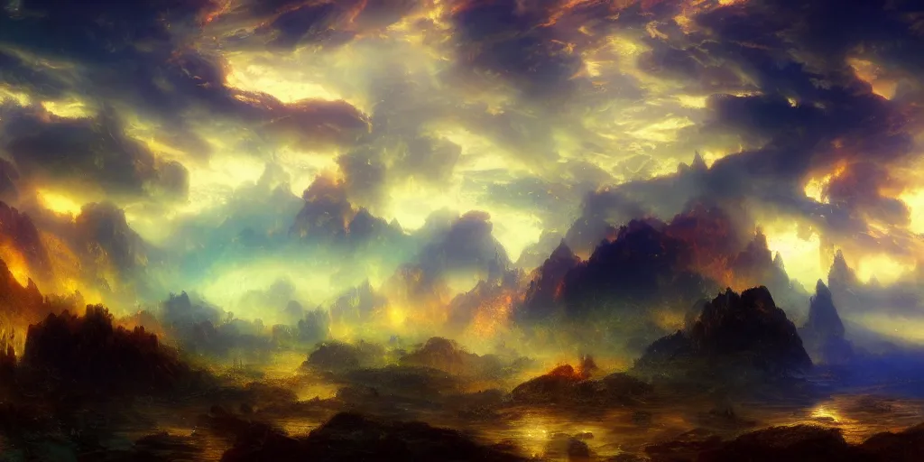 Prompt: an unseen landscape, untouchable, vivd color, detailed, cinematic landscape, atmospheric lightintg, colorfull sky, dynamic angle, good composition, fantasy world, upon the clouds, trending on artstation art by thomas moran