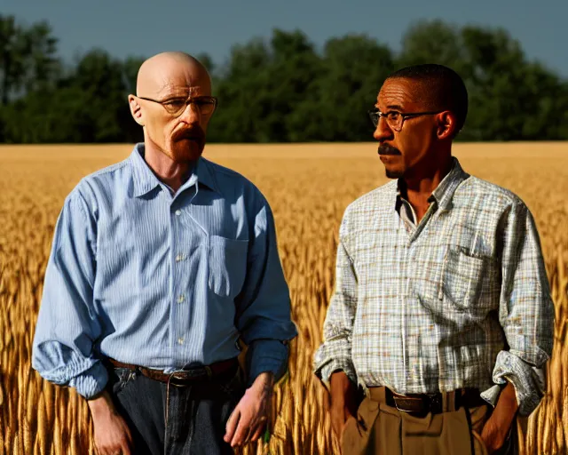 Image similar to walter white and gustavo fring stand facing each other from a distance in a wheat field, long shot, side view, 3 5 mm photograph, 8 k resolution, wide shot, sharp lens