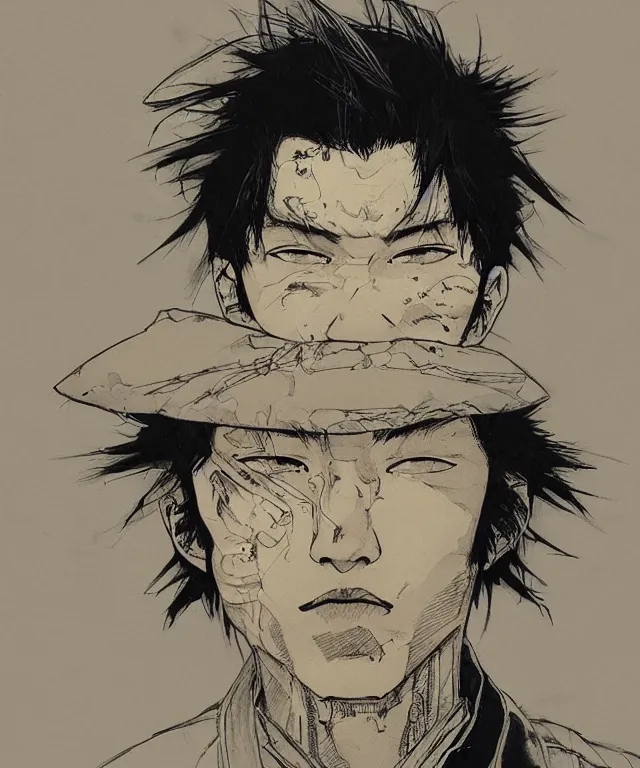 Prompt: a portrait of handsome a young japanese, a realistic illustration by otomo katsuhiro, terada katsuya and ashley wood, master - piece of craftsmanship, trending on artstation