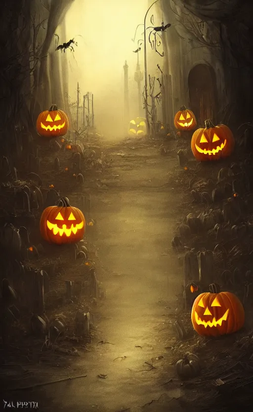 Image similar to a creepy and eery Halloween setting, with Jack o lanterns on the street and shadow figures lurking about, dynamic lighting, photorealistic fantasy concept art, stunning visuals, creative, cinematic, ultra detailed, trending on art station, spooky vibe