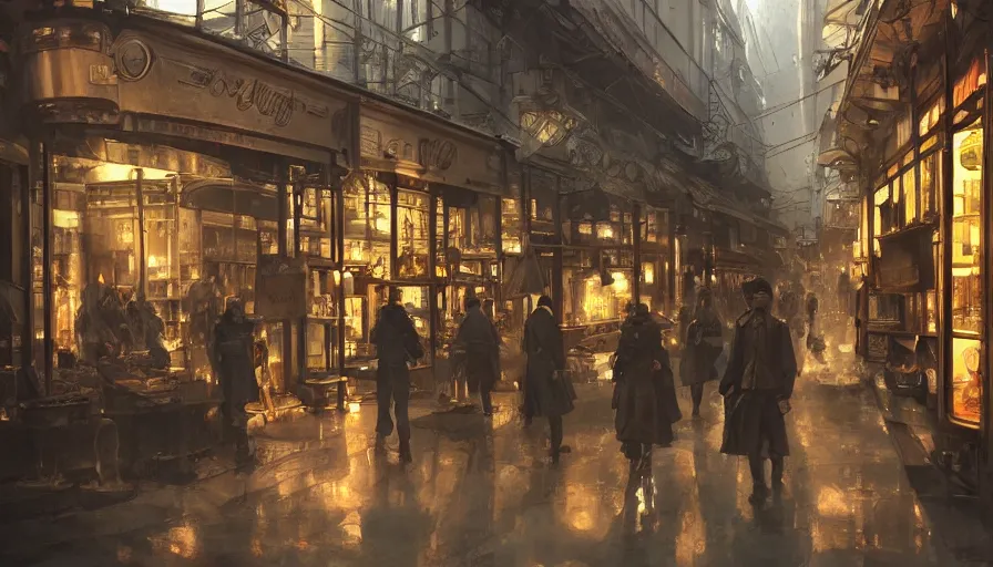 Image similar to Antique store in a Dieselpunk city, shopping street, shopwindows, light, shadows, reflections, steam, epic composition, intricate, elegant, volumetric lighting, digital painting, highly detailed, artstation, sharp focus, illustration, concept art, ruan jia, steve mccurry