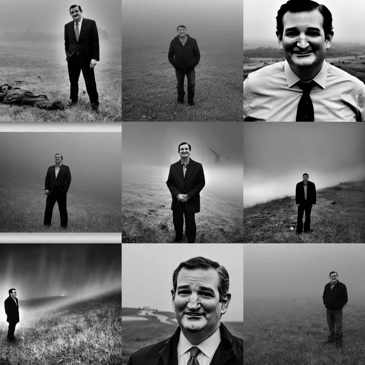 Prompt: Ted Cruz with a wide grin standing on a hill with a dead body in the background, black and white, creepy lighting, foggy atmosphere, scary, horror, ornate, eerie, fear