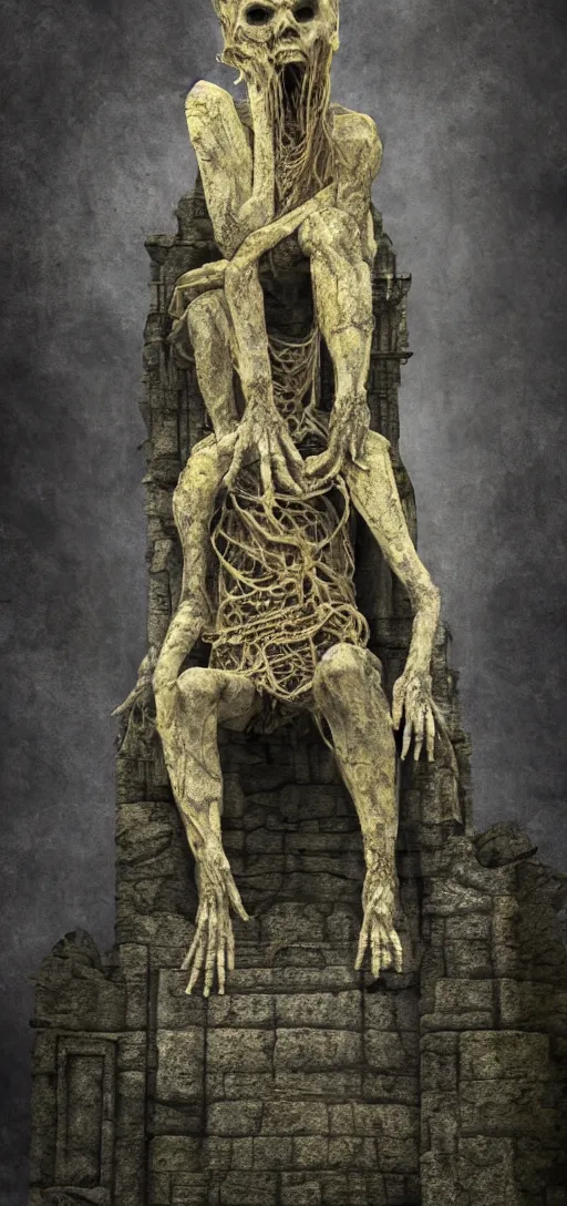 Image similar to a tall pale humanoid being sitting upon an ornate stone throne, 4K, digital art, horror, dramatic, wearing a long yellow rotting garment, dark, hyperrealistic, perspective,