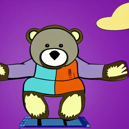 Image similar to cartoon animated bear wearing clothes being launched out of a futuristic machine into a purple and orange cloud land