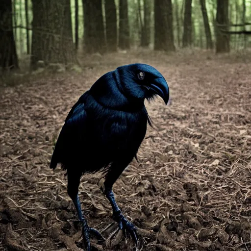 Image similar to creature consisting of a crow and a human, werecrow, photograph captured in a dark forest