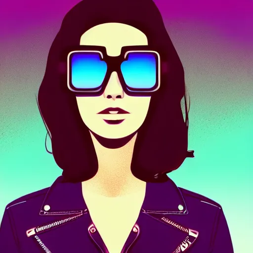 Image similar to a woman with light blue shutter shades in front of a sunset, a dark brown leather jacket, one side brown haircut with blue tips on the end, vector art by jan tengnagel, pixabay contest winner, retrofuturism, retrowave, synthwave, outrun, portrait, synthwave