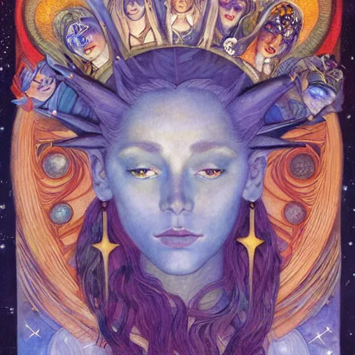 Image similar to queen of the moon with stars in her hair, by annie swynnerton and tino rodriguez and donato giancola and diego rivera and nicholas roerich and jean delville and charlie bowater and dulac, dramatic lighting, god rays, geometric tattoos, rich colors, smooth sharp focus, extremely detailed, leo and diane dillon, adolf wolfli