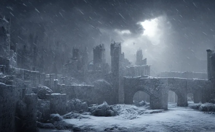 Image similar to King's Landing in the snowstorm at night, doomy, Unreal Engine, cinematic photography, highly-detailed, games of thrones, HBO, high resolution, 8k, photorealistic, stunning volumetric lighting