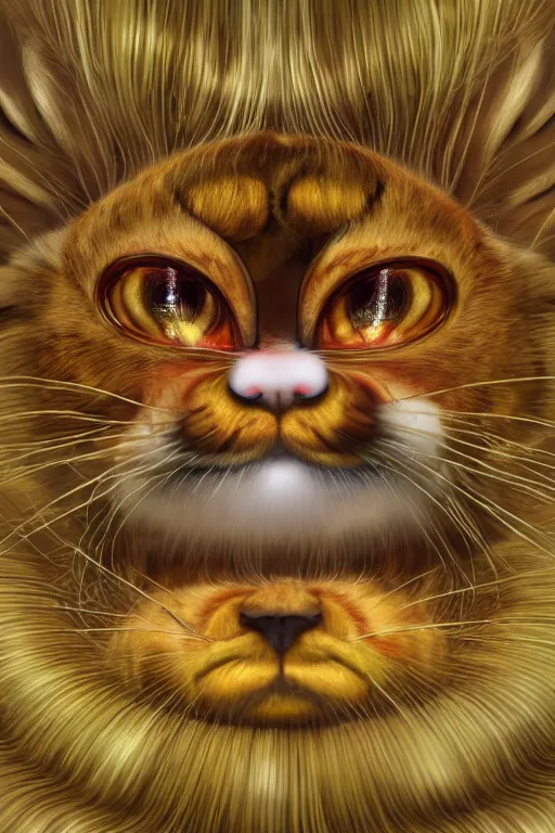 Image similar to Recursive image with a well rounded Calico feline, large eyes, shiny soft fur, anatomically correct, surrounded by mirroring swirling wisps of jelly, oil pastels and gold, in the style of Katsuhiro Otomo, modeled in Poser, Redshift render, UHD