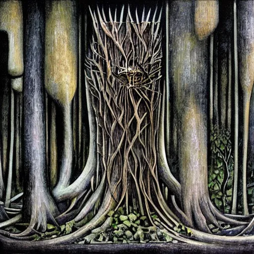 Prompt: a tree falls in a forest and no one is around to hear it, digital painting masterpiece, by h r giger and hannah hoch and ed roth and denys cowan