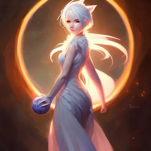 Image similar to a woman in a white dress holding a glowing ball | with nine white fox tails | a detailed painting by ross tran!!!!!!!!!!!!!!! | wlop and stanley artgerm lau | featured on deviantart | fantasy art | anime | 2 d game art | official art