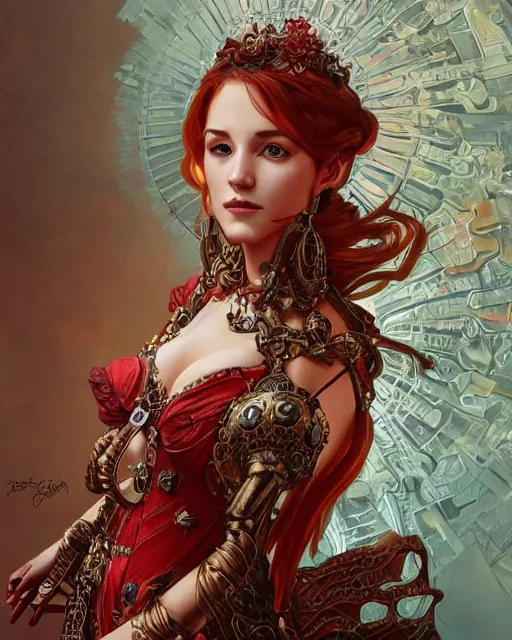 Prompt: Closeup Portrait of a steampunk Goddess, a red dragonlet, intricate dress, wide angle, intricate, elegant, overdetailed, professional digital painting, artstation, concept art, smooth, sharp focus, 8K, art by artgerm and greg rutkowski and alphonse mucha and loish and WLOP