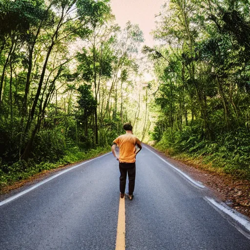 Image similar to A man sitting on a beautiful road in a forest with tall Nutmeg trees lined up on the side of the road with his back to the camera, professional photography