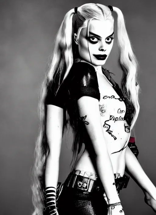 Image similar to photo of seductive beautiful suicide squad happy margot robbie with long white hair that looks like harley quinn standing on the wet street of gotham city, pinup model, glamour fashion pose, cinematic, volumetric lighting octane, studio lighting, global illumination, arney freytag,