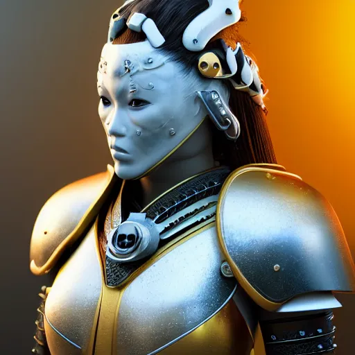 Prompt: gorgeous female samurai with full warrior armor, 3 d render, futuristic biomechanical, porcelain ivory mask, hyper realistic, cinematic, octane render, 8 k, yellow sun in background, vivid colors