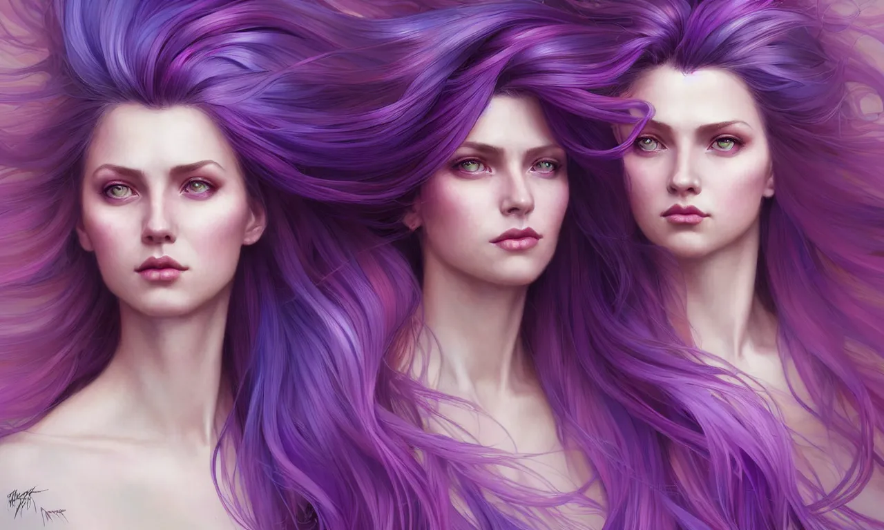 Image similar to Portrait of a woman with bright colored flying hair, all shades of purple. Hair coloring, amber eyes, face, long hair, fantasy, intricate, elegant, highly detailed, digital painting, artstation, concept art, smooth, sharp focus, illustration, art by artgerm and greg rutkowski and alphonse mucha