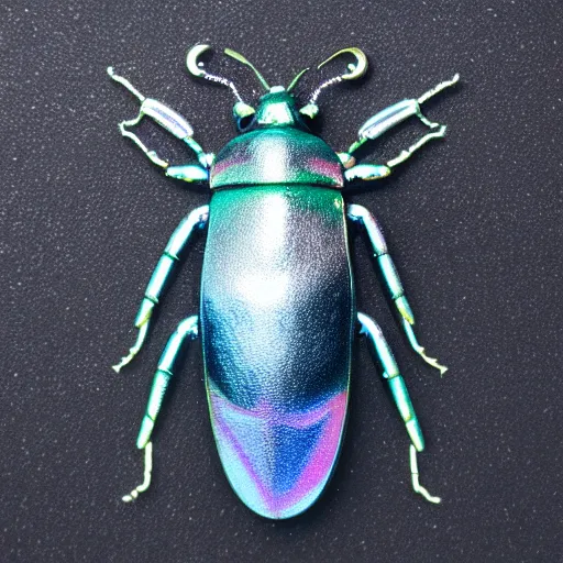 Prompt: iridescent metal cyber beetle. white background. macro