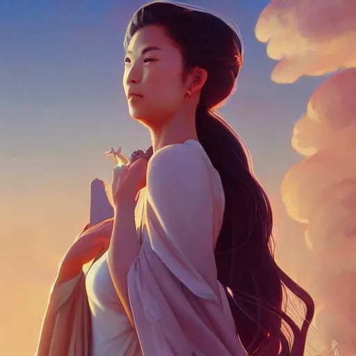 Image similar to asian sun goddess wearing modern clothing, sundress, ponytails, slice of life, modern instagram influencer, highly detailed, digital painting, artstation, concept art, sharp focus, illustration, cinematic lighting, art by artgerm and greg rutkowski and alphonse mucha