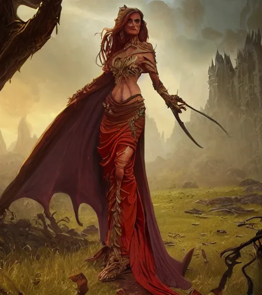 Image similar to demons, full dress, full body portrait, gentle, female, ruins landscape, d & d, fantasy, intricate, elegant, highly detailed, digital painting, red gold color palette, artstation, octane render, concept art, matte, sharp focus, illustration, hearthstone, art by artgerm and greg rutkowski and alphonse mucha