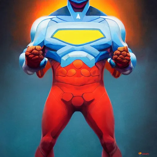 Image similar to omni - man from invincible, nolan grayson, portrait painting, medium shot, asymmetrical, profile picture, organic painting, sunny day, matte painting, bold shapes, hard edges, street art, trending on artstation, by huang guangjian and gil elvgren and ross tran