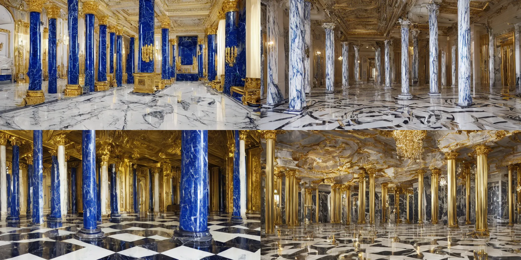 Prompt: Marble room with cobalt and gold pillars