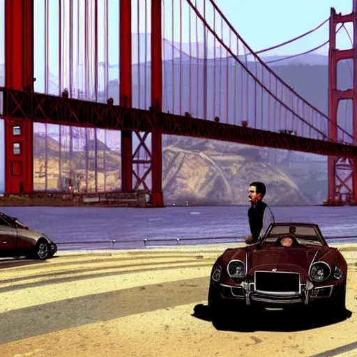 Prompt: full - frame of tony shalhoub, wearing a brown leather - jacket, as a character from gtav, looking at camera, intricate, extremely detailed, in the background golden gate bridge, concept art, artstation