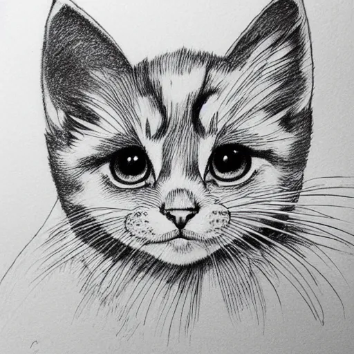 Image similar to single line drawing of a cute kitten, blue ink pen