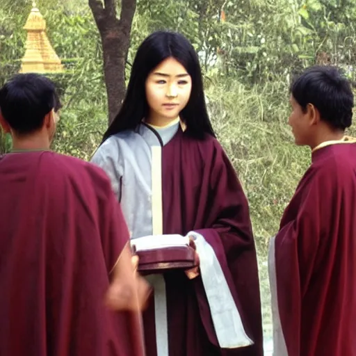 Prompt: Priest Tripitaka played by teenage Masako Natsume with bald head on a pilgrimage to India to fetch holy scriptures and save the world, IMAX Movie Still