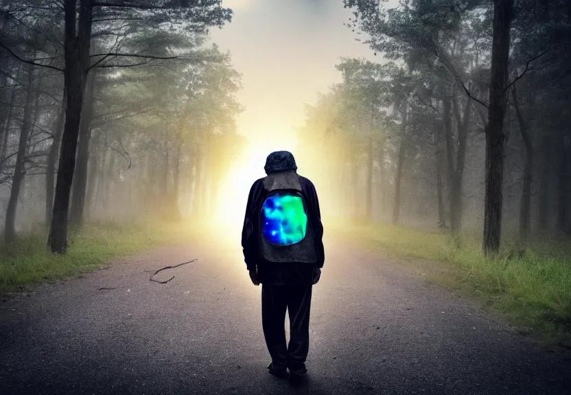 Image similar to a sad rumpled old homeless with torn clothes goes into the distance with his torn old backpack, neon road, magical sunset, gloomy forest, magical fog, depression, post - apocalypse