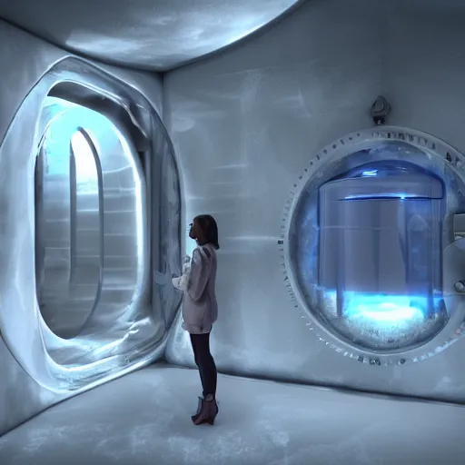 Image similar to cryogenics chamber concept with woman inside. maya, 3 ds max, photoshop, vray, sky - fi, concept art, matte painting, unreal engine