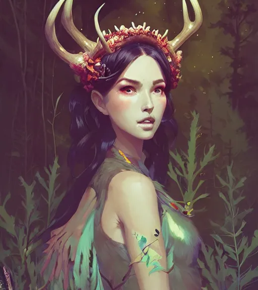 Image similar to portrait of a beautiful queen of the forest with antlers in complex and shiny dress made by leaf and flower, by ross tran and atey ghailan, by greg rutkowski, by greg tocchini, by james gilleard, by joe fenton, by kaethe butcher, dynamic lighting, grunge aesthetic