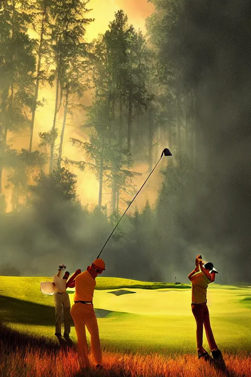 Image similar to golf players on a lush golf course surrended by forests on fire, digital painting, 4k, rays of light, particles light, by sasha kalinkin