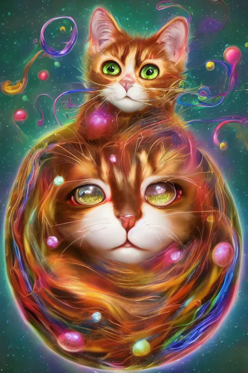 Image similar to Recursive image with a well rounded Calico feline, large eyes, shiny soft fur, anatomically correct, surrounded by swirling wisps of jelly, oil pastels and gold, anime, cartoon, modeled in Poser, Redshift render, UHD