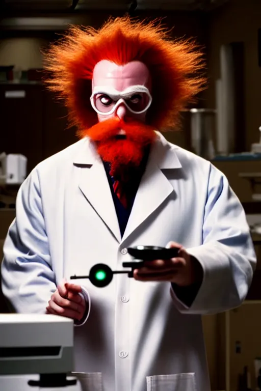 Image similar to an awkwardly tall scientist with 3 eyes and a tangled beard and unruly red hair atop his balding head wearing a labcoat and holding a beaker, high resolution film still, movie by Ivan Reitman