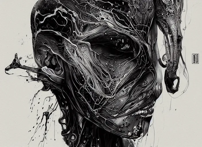 Image similar to a dream portrait of a man - horse aberration, black & white, melting, webbing, 8 k, by tristan eaton, stanley artgerm, tom bagshaw, greg rutkowski, carne griffiths, ayami kojima, beksinski, giger, trending on deviantart, face enhance, hyper detailed, minimalist, horror, alien