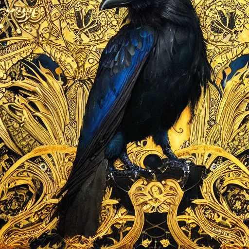 Prompt: surreal clear sharp details colour photography of a raven standing on a black velvet cloth, dark turquoise gold ornate art nouveau and walter crane and gothic flock large wallpaper and curtain in background, closeup, artistic masterpiece of photography, ayami kojima, karol bak, amano, greg hildebrandt, mark brooks, neogothic, high quality 8 k artstation