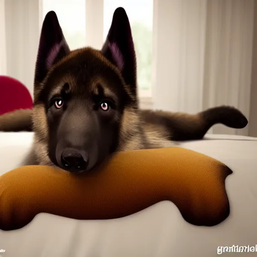 Image similar to in my bedroom my gsd puppy gets the'zoomies'and jumps around on the bed and color comforter. high energy, frenetic craziness, running, jumping, and chasing. cg animation, 3 d octane render, imax 7 0 mm, rtx