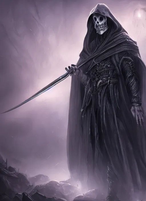 Image similar to grim reaper, ultra detailed fantasy, elden ring, realistic, dnd character portrait, full body, dnd, rpg, lotr game design fanart by concept art, behance hd, artstation, deviantart, global illumination radiating a glowing aura global illumination ray tracing hdr render in unreal engine 5