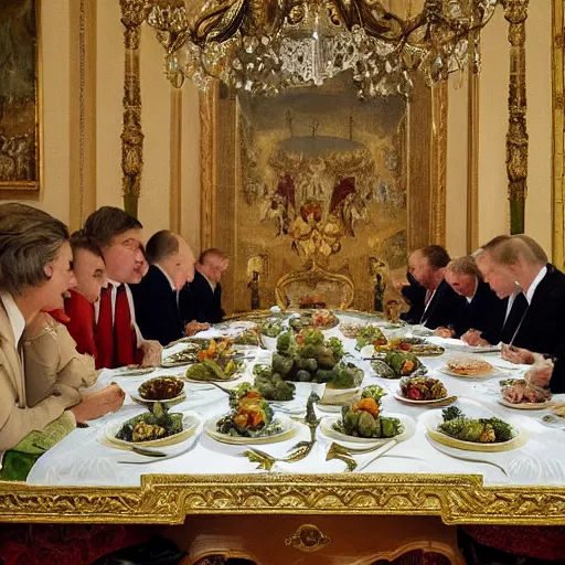 Prompt: Putin dines on grape-sized pineapples, at his feet huddle his court of penguins eager to try one, the room is raucous and joyful, in the style of a tapestry.