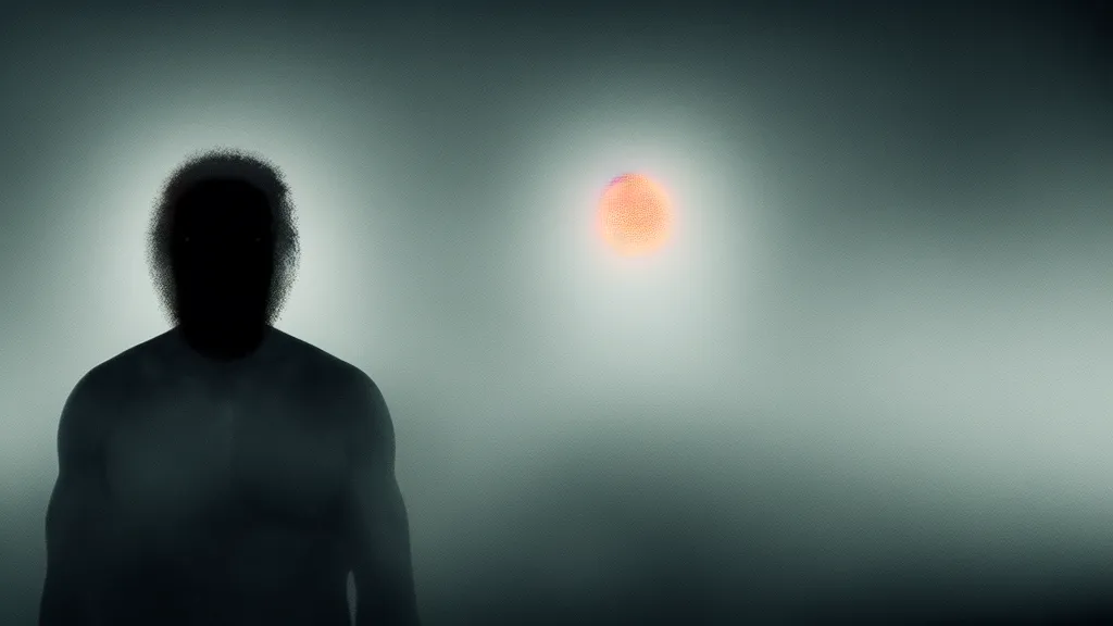 Image similar to portrait of a neanderthal man with a glowing dot above his head, fog, volumetric lighting, mystique, atmospheric, sharp focus, ultra detailed, noir art house, 4 k, cinematic, 3 5 mm