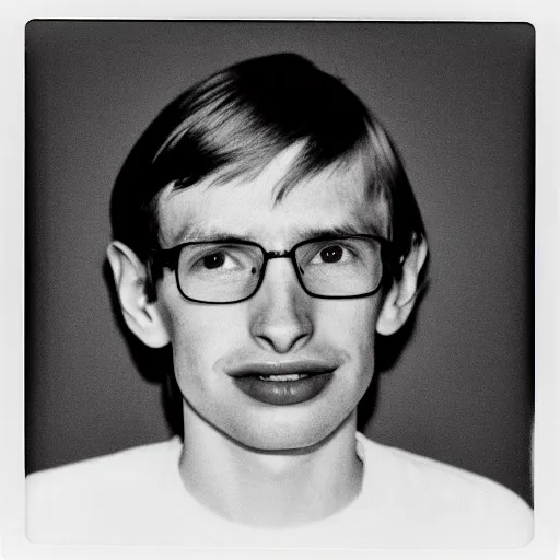 Image similar to Mugshot Portrait of Young Stephen Hawking, taken in the 1970s, photo taken on a 1970s polaroid camera, grainy, real life, hyperrealistic, ultra realistic, realistic, highly detailed, epic, HD quality, 8k resolution, body and headshot, film still, front facing, front view, headshot and bodyshot, detailed face, very detailed face