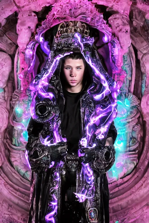 Image similar to photo of full-body rococo and cyberpunk delicate neon crystalline sculpture of ((handsome muscular albino prince Nick Jonas)) as an onyx humanoid deity wearing ((onyx plastic hooded cloak)) (holding an onyx skull) in a black aztec temple, reclining, glowing blue face, crown of (pink lasers), large blue diamonds, swirling black silk fabric. futuristic elements. oozing glowing liquid, full-length view. space robots. intricate artwork by caravaggio. Trending on artstation, octane render, cinematic lighting from the right, hyper realism, photorealistic, octane render, 8k, depth of field, 3D