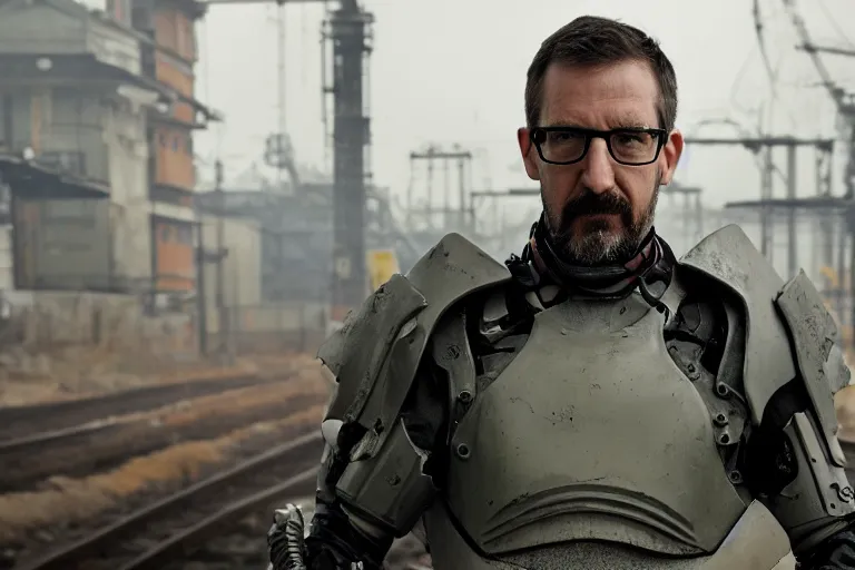 Image similar to vfx movie closeup real life gordon freeman holding wearing futuristic armor, half life logo on chest, crowbar in russian train yard by emmanuel lubezki