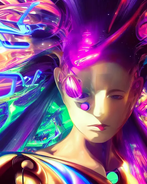 Image similar to a powerful energy psychedelic matrix anime woman, by alexander fedosav, hyper detailed digital matte painting, concept art, hyperrealism, 1 6 k resolution, cinema 4 d, 8 k resolution, trending on artstation, behance hd, a masterpiece, by stephan martiniere, particles, cel - shaded, power bright neon energy, by david a. hardy,